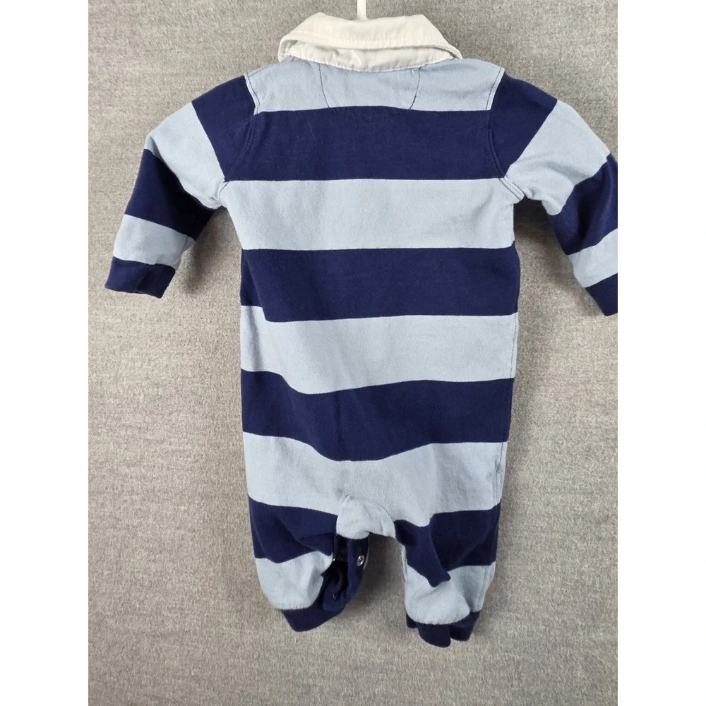 Ralph Lauren Baby Boy 3M One Piece Blue Stripe Rugby Footed Romper Snap Pony